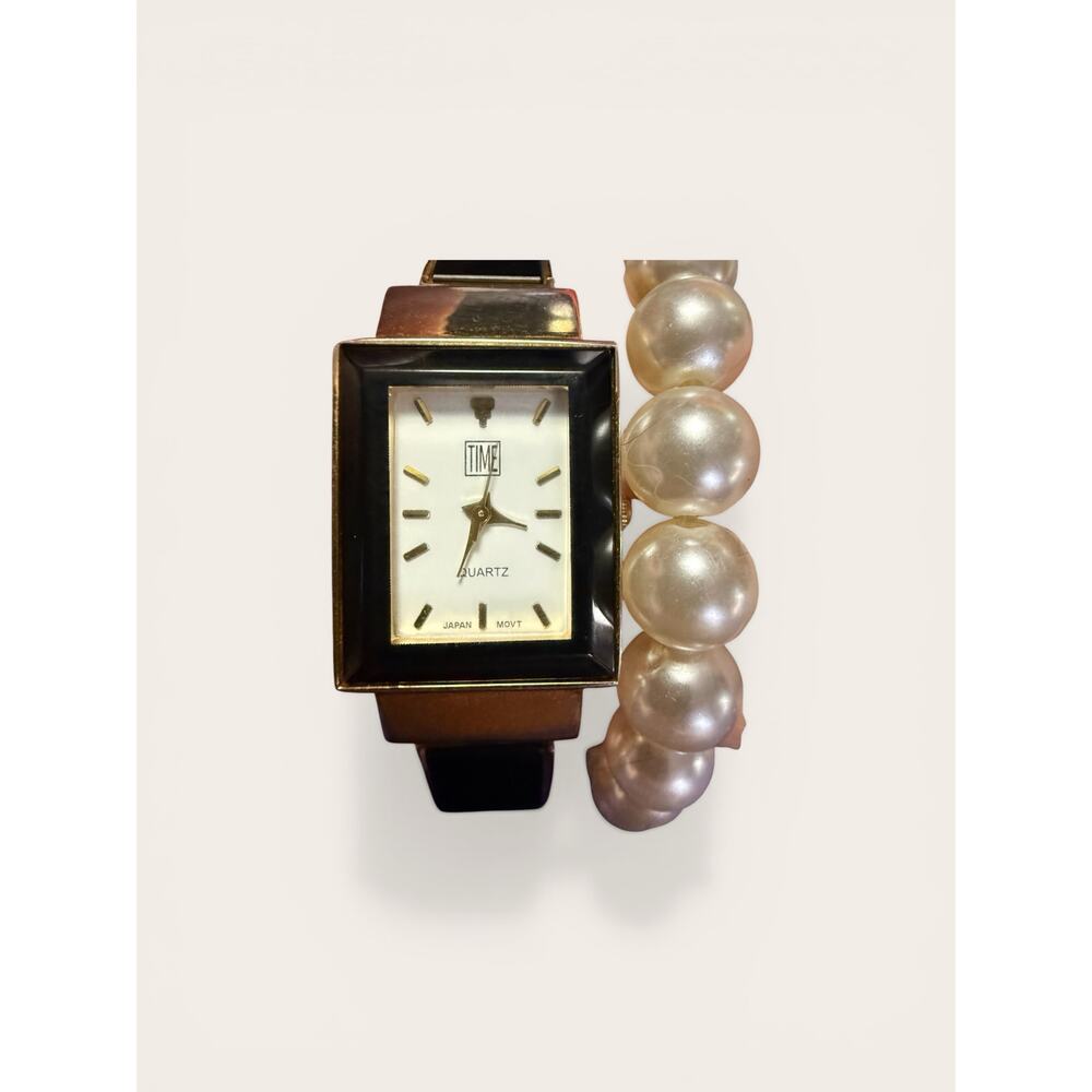 Vintage TIME Watch & Faux Pearl Bracelet Set Gold Cuff Quartz